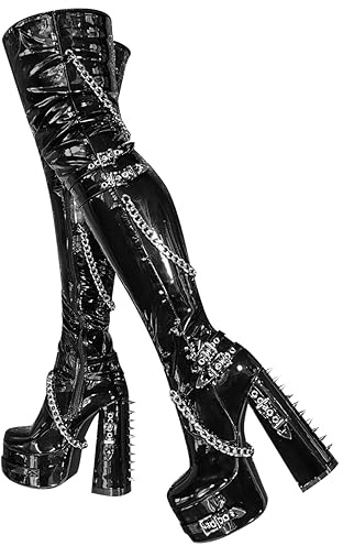blingqueen Damen Gothic Overknee Plateau Blockabsatz Stiefel Punk Boots High Heels