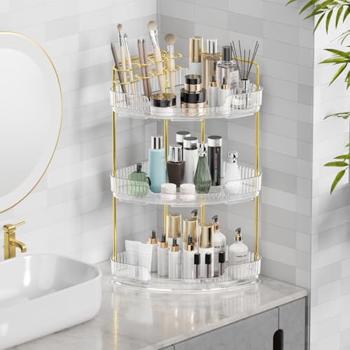 Umtiti 3-stöckiges Eckregal für Badezimmer, Theke, Aufbewahrungs-Organizer, werkzeuglose Installation, Acryl, ideal für Badezimmer, Kommode, Küche (transparent)