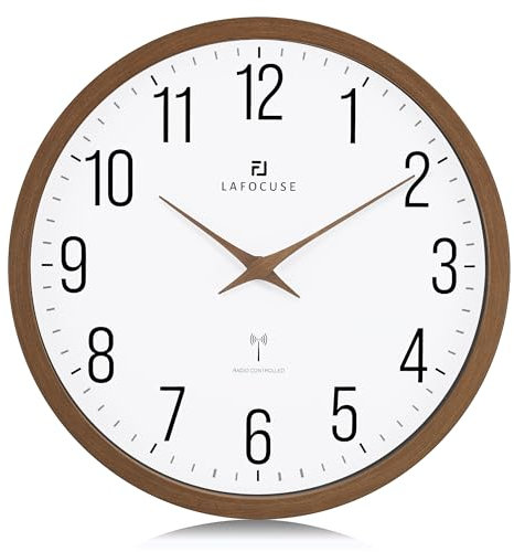 Lafocuse 30CM Funk Wanduhr mit Holz Zeiger, Hohe Genauigkeit Funkuhr Braun, Einfach zu Lesen Modern Wanduhren Deko für Küche Wohnzimmer Büro Schule