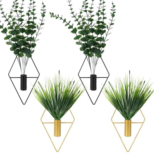 Weskjer 4PCS Hängende Blumentöpfe mit Kunstpflanzen Metall Wandvase Blumentopf Wand für Innen Moderne Geometrische Hängeampel für Wohnzimmer Wohnung Büro Wanddeko