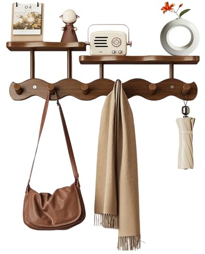 Appendiabiti in bambù con mensola, 52 cm, ganci a parete a doppio strato, 6 robusti ganci in legno per ingresso, corridoio, bagno e camera da letto, appendiabiti salvaspazio per cappotti, cappelli
