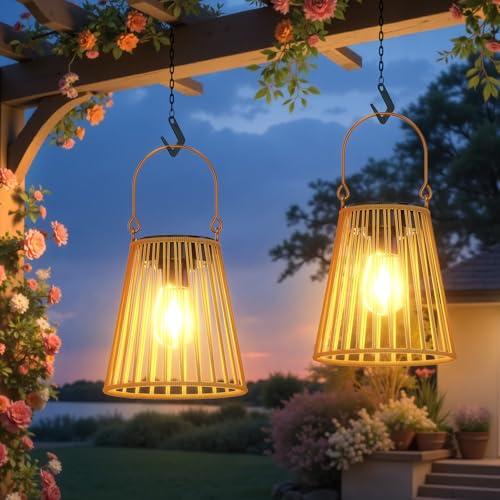 RECHOO Solarlampen für außen Hängend/Stehend 2 Stück Handgestrickte Solar Laterne im Boho-Stil, IP65 Wasserdicht Solarleuchten Garten für Balkon, Terrasse, Tisch, Garten Deko, weihnachten