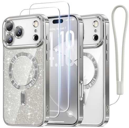 Meifigno Designed for iPhone 17 Pro Max Case 6.9, [Glitter Card & Wrist Strap] [Compatible with MagSafe] [2X HD Screen Protectors] Surround Raised Lens Protection for 17 Pro Max Case, Sliver