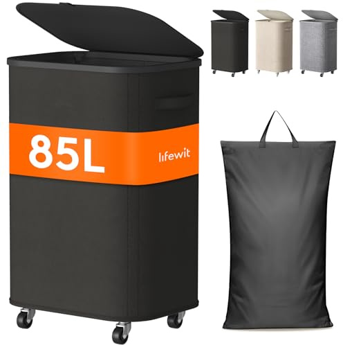 Lifewit Tvättkorg med lock på hjul, 85 l tvättkorg med plastram, vikbar stor tvättsorterare, tvättlåda, tvättkorgar för sovrum, badrum, svart