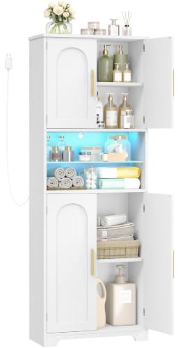 Hzuaneri Mobile Bagno con Luci LED, 4 Ante, mobiletto bagno salvaspazio, mobile alto con spazio aperto, ripiani regolabili, soggiorno, bagno, 30 x 60 x 170 cm, Bianco SC68213X