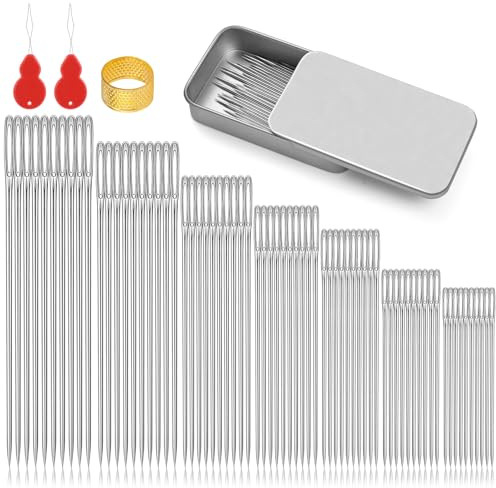 70 Pcs Sewing Needles, Large Eye Hand Sewing Needles, Stainless Steel Sewing Needles with Needle Threader and Thimble for Leather Sewing, Repairing, Knitting, Quilting Craft (7 Sizes)