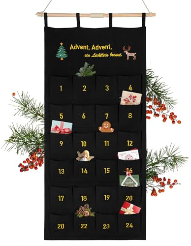 DazSpirit Adventskalender aus Stoff 2025 mit gesticktem Adventsreim – Adventskalender zum Befüllen Wandbehang, Hochwertig Bestickt – Festliche Weihnachtsdeko für Familien & Geschenkidee (Schwarz)