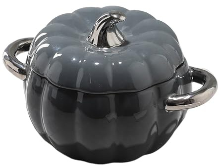 Pentola da Cucina in Ceramica con Coperchio, zuppiera in Ceramica da 2 Litri, graziosa Ciotola con Manico, stoviglie Decorative per Il Ringraziamento, Festa di Halloween, Grigio sc
