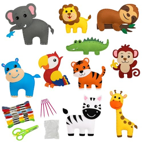 SongBuydn Nähset Kinder, Filztiere Nähen Kinder ab 6 Jahre, 10-teiliges Nähen für KInder Set, Filz Basteln für Anfänger, DIY Kreatives Spielzeug für Kindergeburtstage und Familienzeit