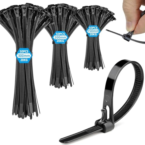 Bridas Plastico Reutilizables Negras, 150/200/250/300mm 150 Piezas, Zip Ties Resistencia a la Tracción de 20kg, Cable Ties Resistentes a los RayosUV para Interiores y Exteriores