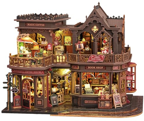 Spilay Miniatur Haus, Vintage Buchcafé Puppenhaus Holz | DIY Miniature House mit LED-Licht und Musikbox, 3D Puzzle für Erwachsene, Miniatur Bausatz, Regal Deko Geschenk