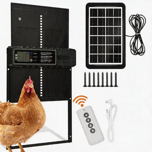 ISOISL Aluminum Hühnerklappe Automatisch Solar, Wasserdicht LCD Display - Elektrische Automatische hühnerklappe mit Fernbedienung, Timer & Intelligenter Einklemmschutz, Schwarz