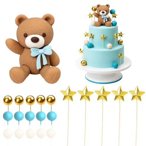 Luxury Baby Shower Bear Cake Topper Boho Style with 21pcs Beige Brown Balls Decorations, Unique Baby Shower Cake Decorations, Teddy Bear Cake Toppers for Gender Reveal & Birthday Party