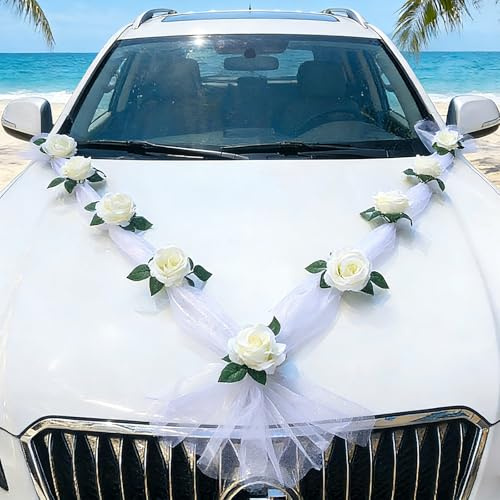 Alaoo Autoschmuck Hochzeit Weiß, Organza M Auto Schmuck Braut, Hochzeitsauto Dekorationsset, Paar Rose Deko Dekoration Hochzeit Car Auto, Wedding Girlande, Deko Girlande PKW mit 9 Rosen