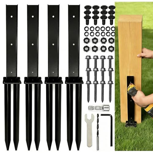 Anmas Power 4 Pack Heavy Duty Fence Post Repair Kit - Steel Support Spike for Tilted & Broken Wooden Posts | Rustproof, Durable Ground Post Support Anchor for Garden Fence Gate Pergola Mailbox