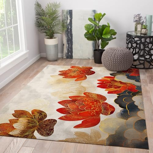 UERWOWELL Tapis Oriental avec Motif Fleurs de Lotus et Feuillage Doré, Tapis Antidérapant à Poil Bas pour Chambre et Bureau 60x90cm