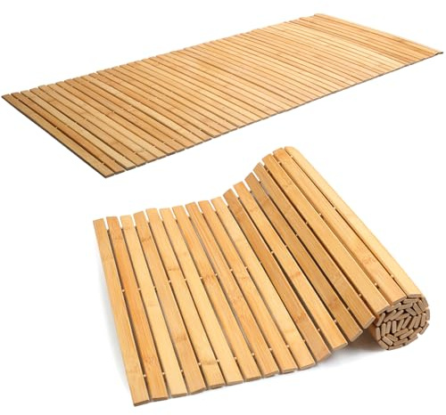 Gemsaya Badematte Holz 120 x 50 cm, Sauna Badvorleger Holz, Rollrost Fussmatte aus Bambus, Rutschfester & Pflegeleicht Saunamatte Badematten