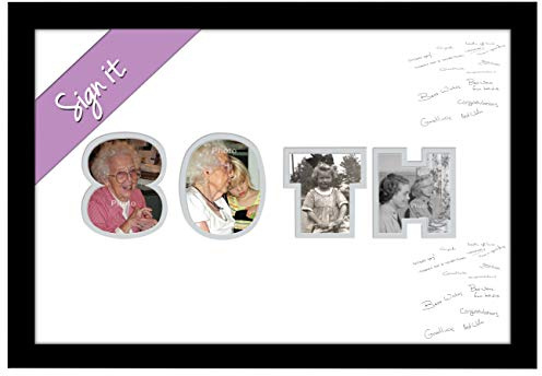 Photos in a Word 80th Birthday Signing Personalised Autograph Signature Guest Book Photo Frame To Sign (White Mount with Black Finish Frame)
