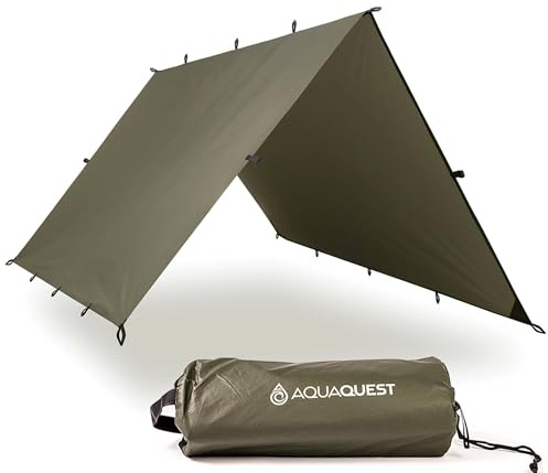 AquaQuest Safari wasserdichte Camping-Plane - Leichter Sonnenschutz oder Regenschutz - Wandern, Rucksackreisen & Hängematte, 4 x 3 m Olivgrün