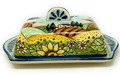 CERAMICHE D'ARTE PARRINI- Ceramica italiana artistica, burriera decorazione paesaggio girasoli, dipinto a mano, made in ITALY Toscana