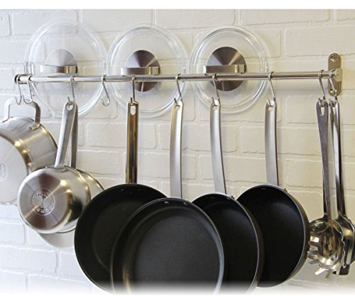QQOUTLET Premium Chefmate Stainless Steel Gourmet Kitchen 31.5 Inch Wall Mount Rail and 10 S Hooks Set Utensil Pot Pan Lid Rack Storage Organizer, Silver