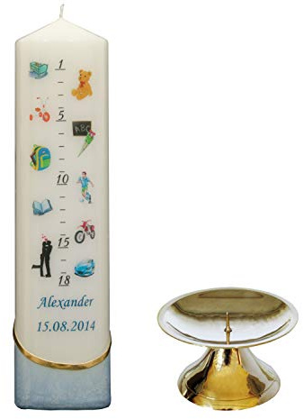 Lebenslicht/Geburtskerze/Geburtstagskerze - blau - ca. 60 x 240 mm - farbig getaucht - personalisiert mit indiv. Name und Datum - inkl. Kerzenständer aus Messing - Auswahl Farbe + Motiv #1