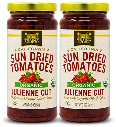 Traina Home Grown California Organic Sun Dried Tomatoes in Oil – Julienne Cut, Marinated with Italian Herbs & Olive Oil – California Grown – 2 Jars (8.5 oz Each)