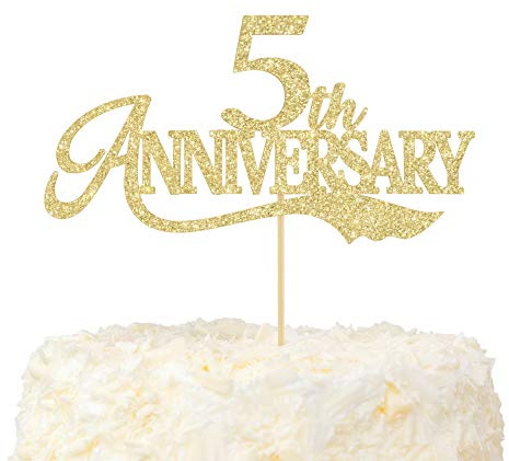 LOVENJOY 5th Anniversary Cake Topper Gold Glitter for 5 Years Wedding Anniversary Cake Decoration
