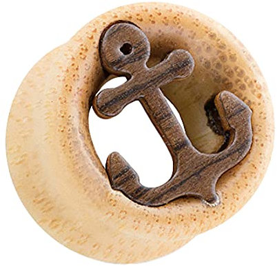 Piersando Ohr Plug Flesh Tunnel Piercing Ohrpiercing Lobe Ohrring Vintage Tribal Organisch Holz Rockabilly mit Anker Inlay Braun 24mm