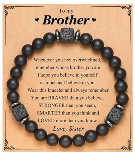 Halukakah Bracciale da Uomo in Shungite con Perle di Roccia Lavica - Compleanno, Laurea, Pensione o Natale, Regalo Cristiano in Pietra Naturale per Papà, Mariti, Adolescenti -con Carta Al mio Fratello