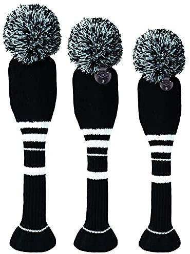 Lot de 3 ou 4 housses de tête de golf à pompons pour bois 1, 3, 5 et hybrides de parcours avec étiquette numérotée (noir 135)