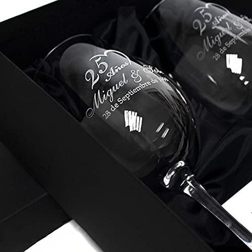 Dgregalos Copas de vino de cristal personalizadas mediante grabado a láser con estuche a juego - Regalo personalizado para novios, parejas, bodas, eventos (Bodas Plata/Oro)