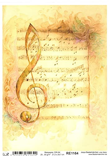 Josys Bastelmärchen Reispapier A4 Strohseide Decoupage Motiv Musik Notenblatt goldfarben RE1164