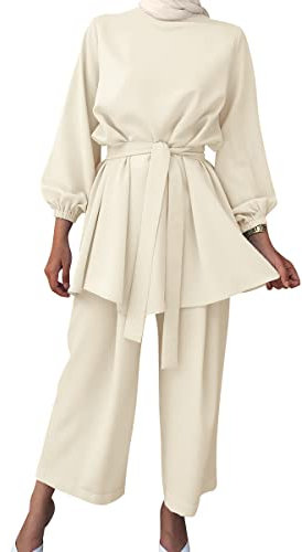 IBTOM CASTLE Muslimische Kleider Damen Corban Naher Osten Arabisch Islamische Kleidung Langärmeliges Oberteil und Weite Hose Outfits Beige S