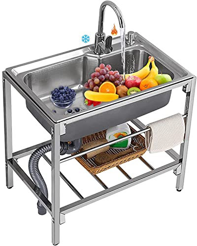 CGLYYDS Einzelbecken Außenbereich Spülbecken,Edelstahl Waschbecken Mobiles Set,mit Armatur Freistehende Spüle Wäscherei Hinterhof Garage Keller Camping Garten,68 * 44cm