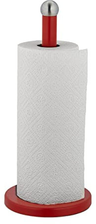 Relaxdays Portarrollos Cocina Vertical, Acero Inoxidable, Soporte Rollos Encimera, Sujetarrollos, 35 x 15 cm, Rojo/Plata