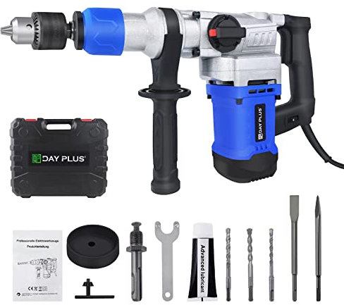 Bohrhammer SDS Plus Bohrhämmer Abbruchhammer ideal zum Bohren, Meißel von Beton 1500W 6J, inkl. 2 Meißel, 3 Bohrer, Zusatzgriff, Tragetasche