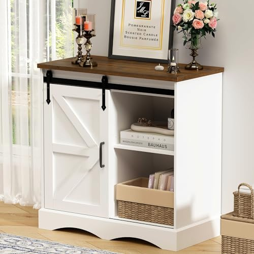 Hlivelood Farmhouse Coffee Bar Cabinet, White Buffet Storage Cabinet with Sliding Barn Door, 31.5” Kitchen Sideboard Accent Cabinet Adjustable Shelf, Dining Room Living Room Entryway, White & Brown