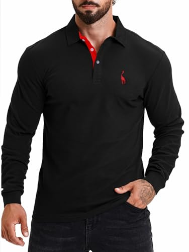 KUNJLELP 100% Cotone Polo da Uomo Manica Lunga Ricamo di Giraffa Maglietta Uniformi Polo da Lavoro per l'autunno e l'inverno,A-Nero,L