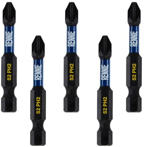 5 x Rennie Tools 50mm Long PH2 Impact Screwdriver Driver Bits Set. Magnetic Phillips No.2 Heavy Duty Impact Driver Bit Set