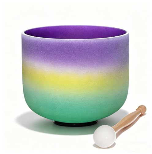 TRAYAYA Rainbow B Note Crown Chakren Kristall Klangschale 20,3 cm | Quarz-Soundschale, für Meditation, Chakra-Balance, Klangtherapeuten, Reiki und Stressabbau, Violett-Gelb-Grün