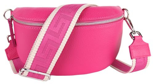 MIRROSI® Bauchtasche Damen, Echtleder, Made in Italy, Umhängetasche, Brusttasche, Crossbody Bag (1 Tasche & 2 Gurte) (Pink (Uni Pink Beige), Mittelgroße Tasche (25x16x7cm))