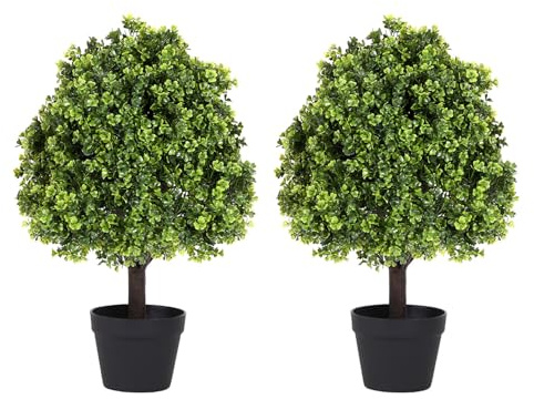 Azoco 27“ Realistic Artificial Boxwood Topiary Trees Set of 2, Faux Boxwood Plants Outdoor UV-Resistant, No Maintenance Curb Appeal Fake Evergreen Bushes & Shrubs for Front Porch Outside Planter Decor