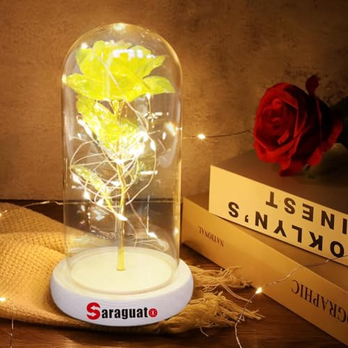 saraguato Simulación de Luces de Rosas LED Flores con cúpula iluminación del hogar decoración del hogar Navidad San Valentín Regalo Boda decoración (Amarillo)