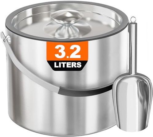 3.2L/3.4QT Insulated Ice Bucket with Silicone Lid, Tongs & Strainer, Double Wall Stainless Steel Ice Bucket for Parties and Cocktail Bar, Upgraded Silicone Cover Keep Ice Frozen Longer