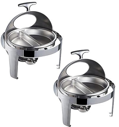 Chafing Dish Buffet Set Round Dining Warm Server Roll Top Hot Pot Buffet Set Five-Piece Set with Water and Food Dish Alcohol Stove Holder for Part/Birthdays,two