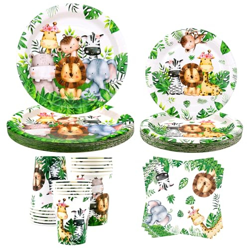 Service de table d'anniversaire Safari Jungle – Décorations de 1er anniversaire – Assiettes, desserts, assiettes, tasses, serviettes pour fête avec animaux, pour 20 personnes (20)