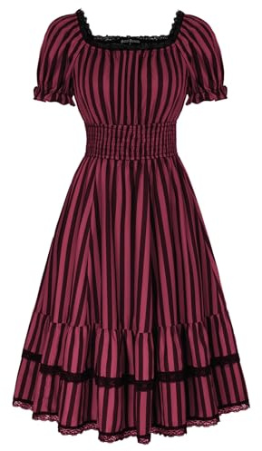 SCARLET DARKNESS Damen Steampunk Spitzenkleid Gesmokt Taille Rockabilly Mittelalterkleider