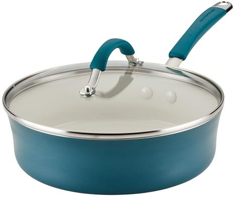 Rachael Ray Cucina Ceramic Nonstick Saute Pan with Lid, 3 Quart Non Stick Sauteuse Pan, Dishwasher Safe - Marine Blue