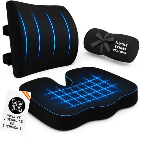 MORPAN Cojin Silla Oficina + Cojin Lumbar Silla Oficina | Videoguías de Ejercicios y Fundas Extra Incluidas | Diseño ergonómico para aliviar Lumbar y coxis, Ayuda en tu día a día